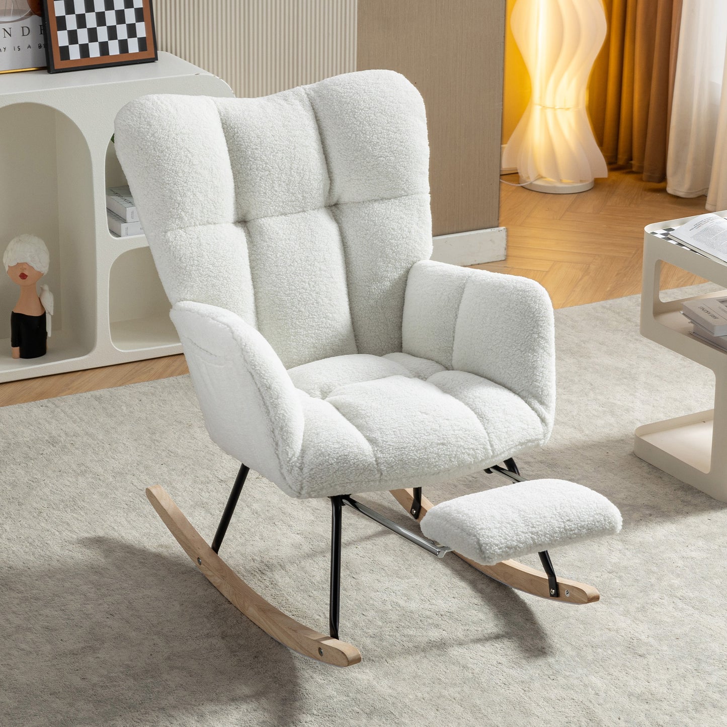 Teddy Fabric Nursery Rocking Chair with Adjustable Footstool - Ivory