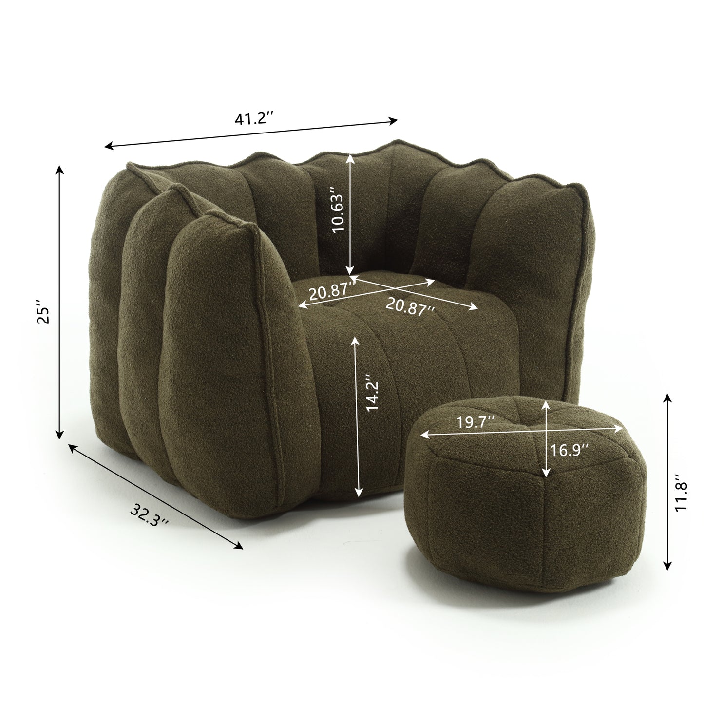 Soft Olive Green Bean Bag Chair with Foam Filler for Adults