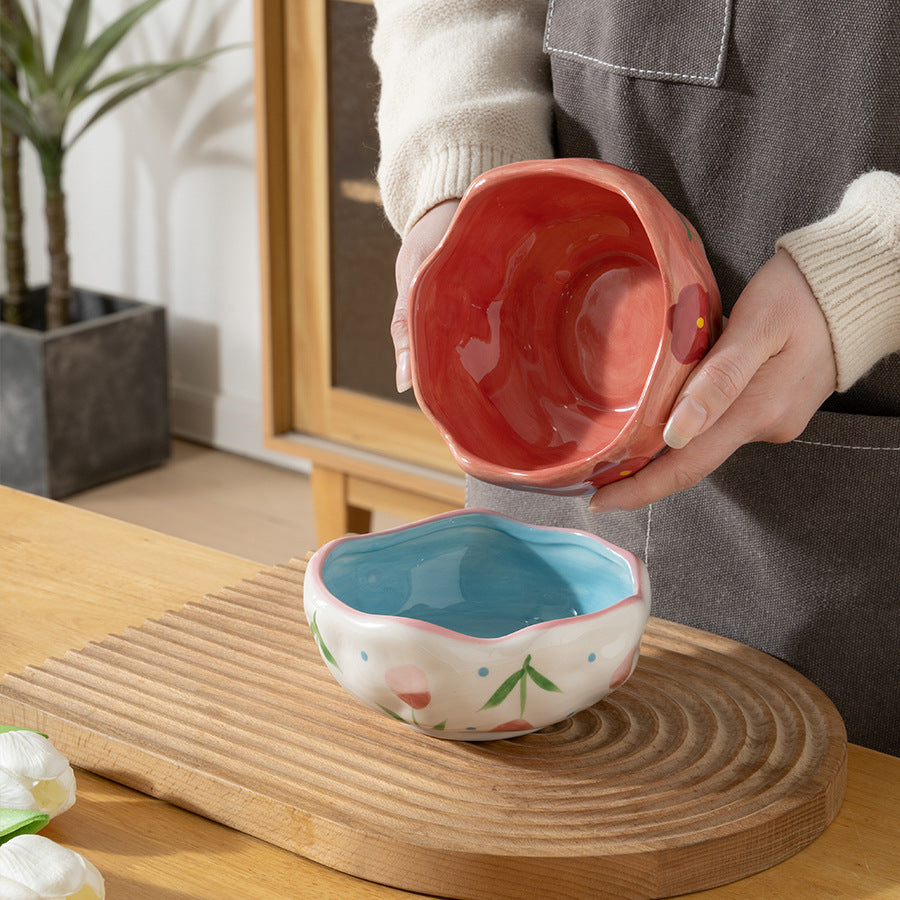 Hand Drawn Flower Ceramic Bowl - Irregular Pattern, 13cm Dinnerware