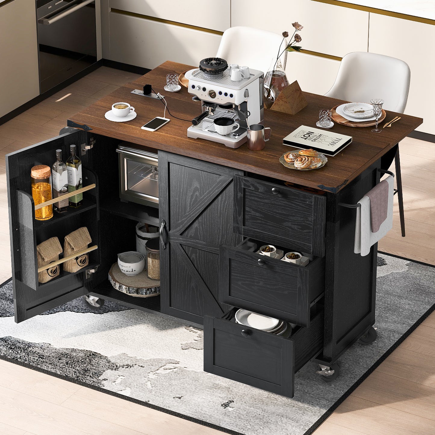 54.5 Farmhouse Kitchen Island With Power Outlet,Kitchen Storage