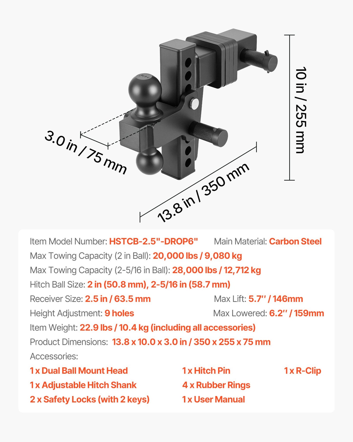 Adjustable Trailer Hitch Ball Mount 2.5-Inch Receiver 28000 Lbs GTW Black