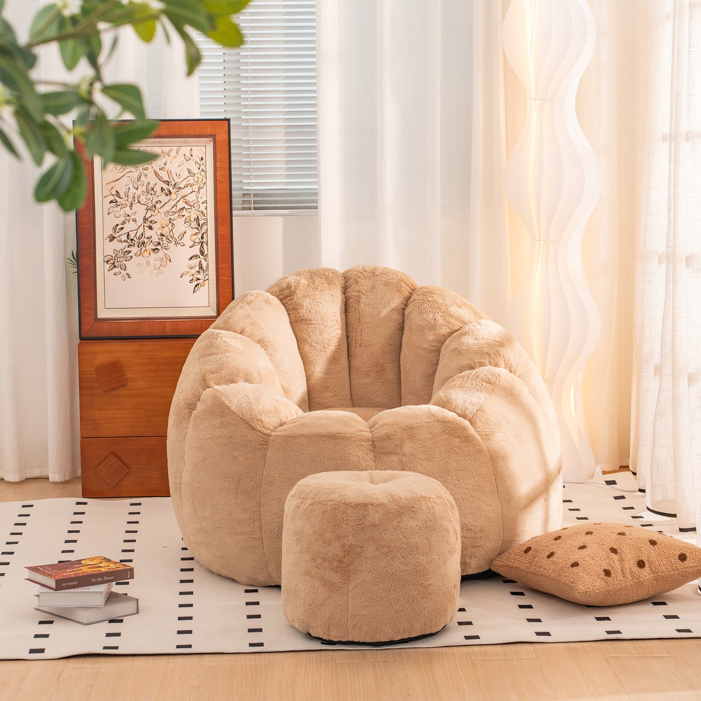 Oversized Faux Fur Bean Bag Chair - Khaki Plush Sofa for Gaming