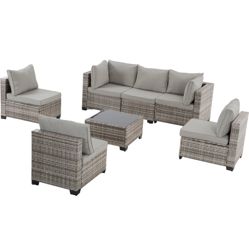 7-Piece Outdoor Patio Furniture Set - All-Weather Wicker Sectional with Cushions & Glass Table - Grey