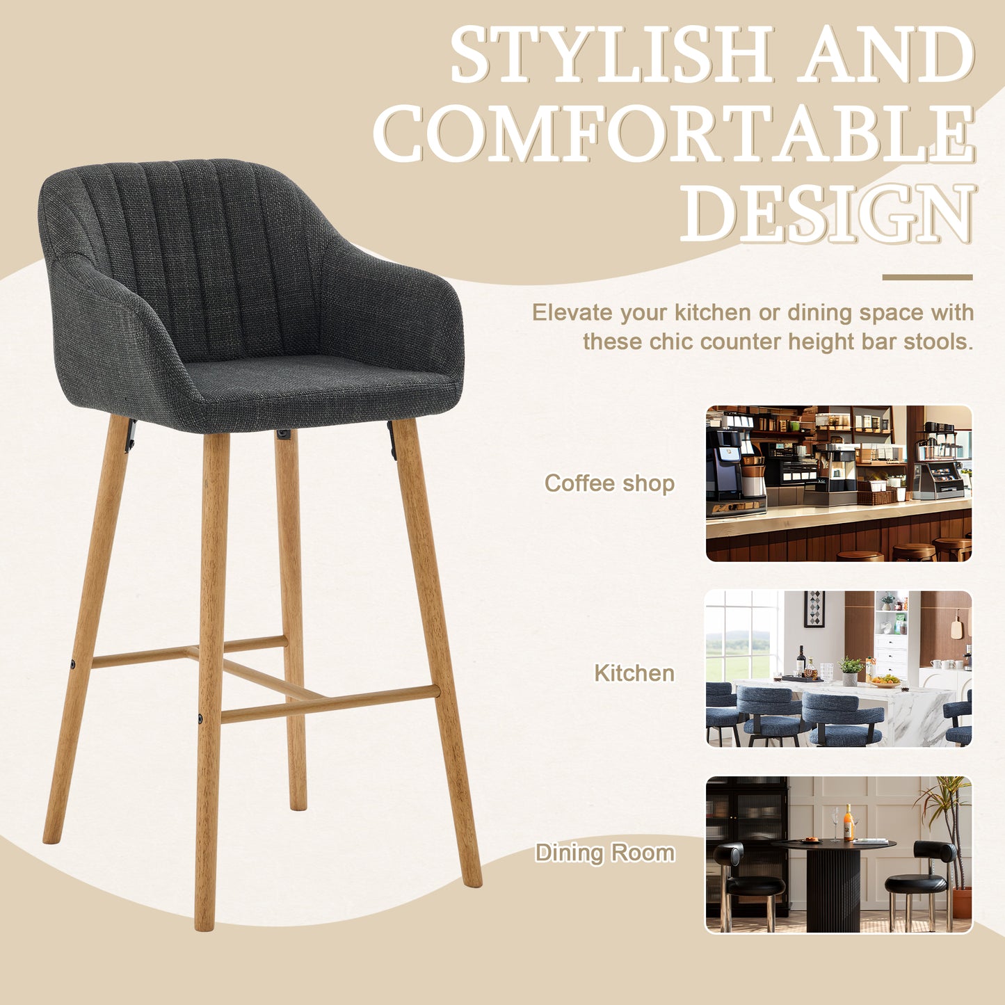 Modern Bar Stools Set of 2 - Kitchen Island Tall Chairs with Back and Footrest - Black Linen Upholstered
