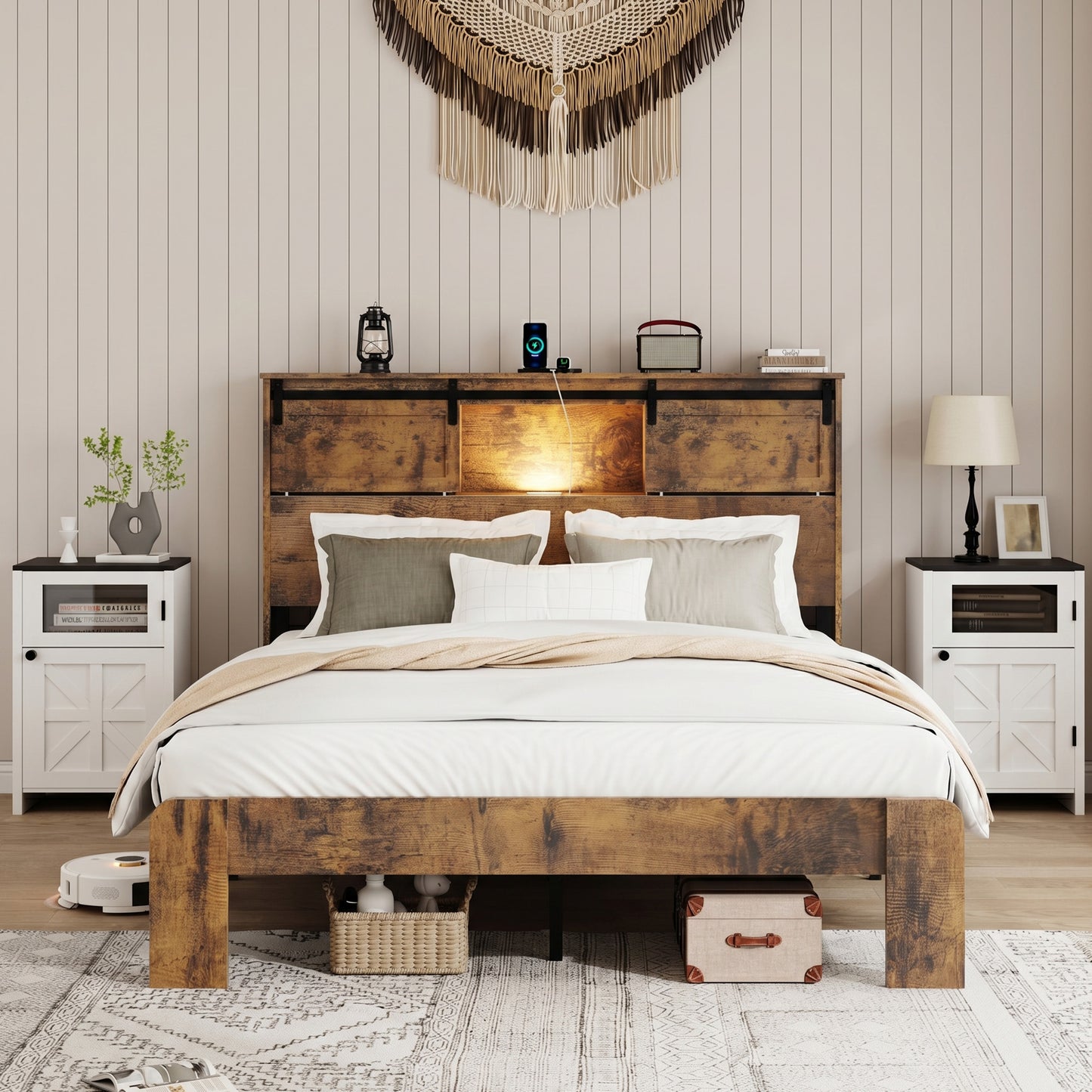 Queen Metal Platform Bed Frame with Charging Station - Dark Brown