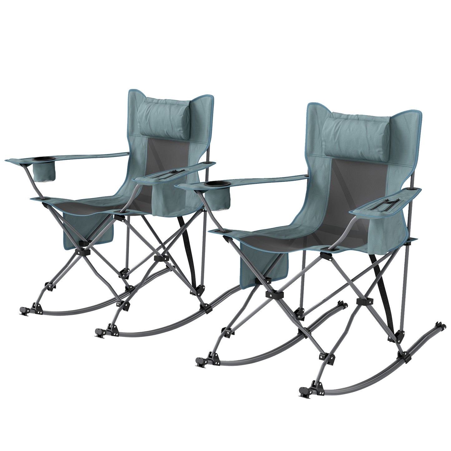 Folding Rocking Camping Chairs Set with Cooler Bag & Cup Holder - Gray