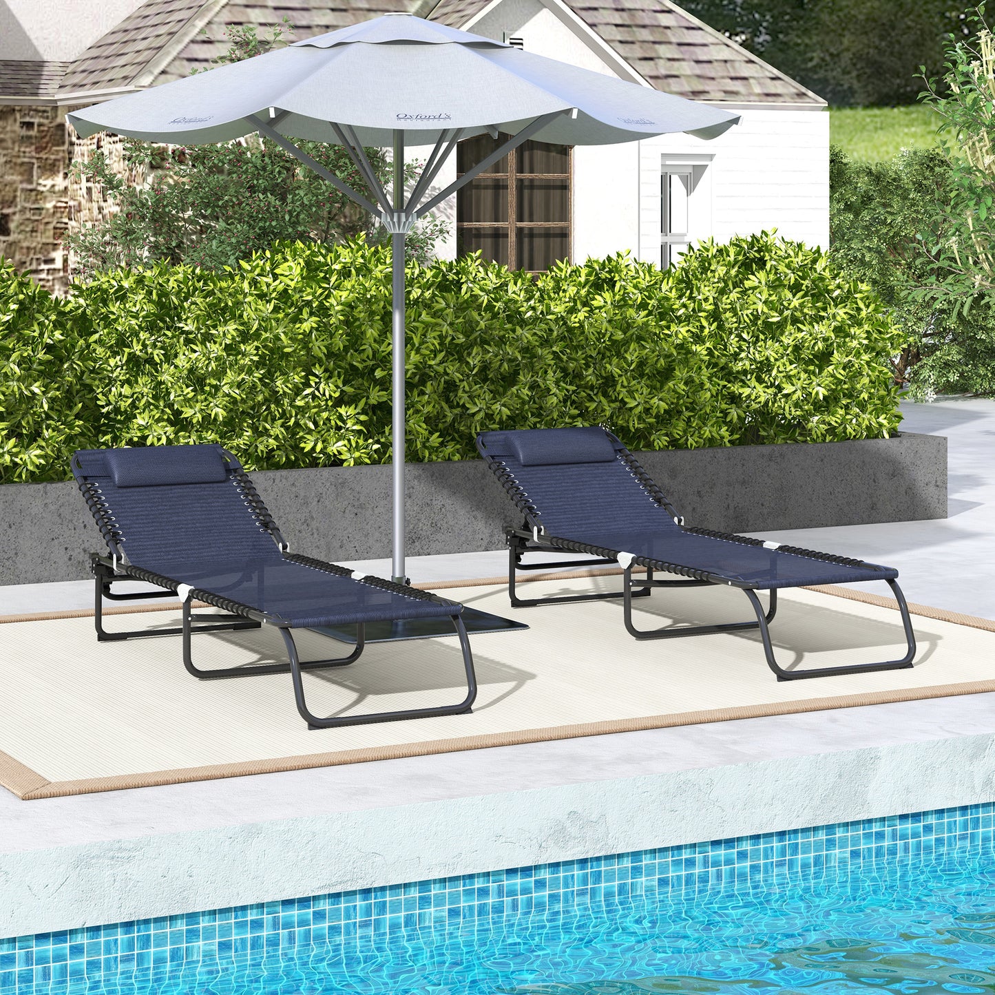 2 Folding Chaise Lounge Pool Chairs with 4-Position Recline - Dark Blue