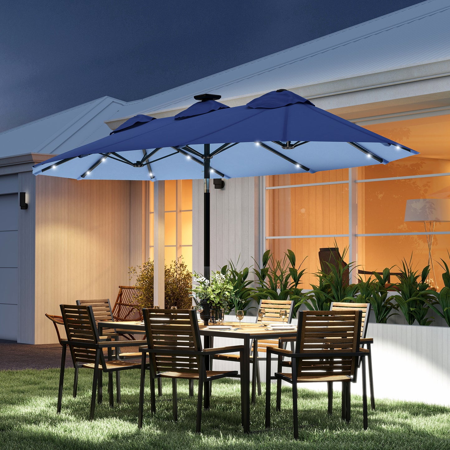 Double-Sided Patio Umbrella with Solar Lights - Navy Blue