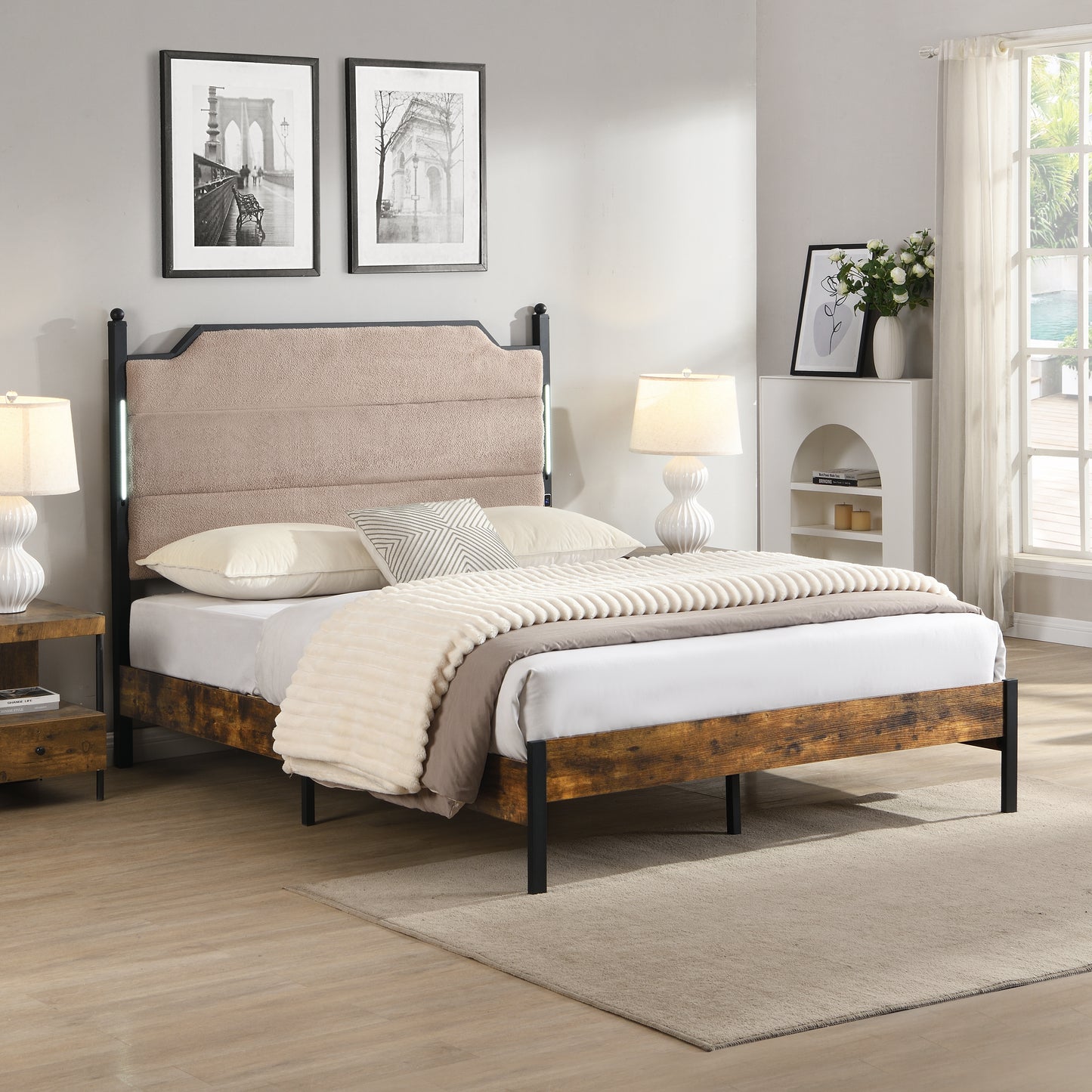 Queen Bed Frame with Upholstered Headboard & LED Lights - Light Pink