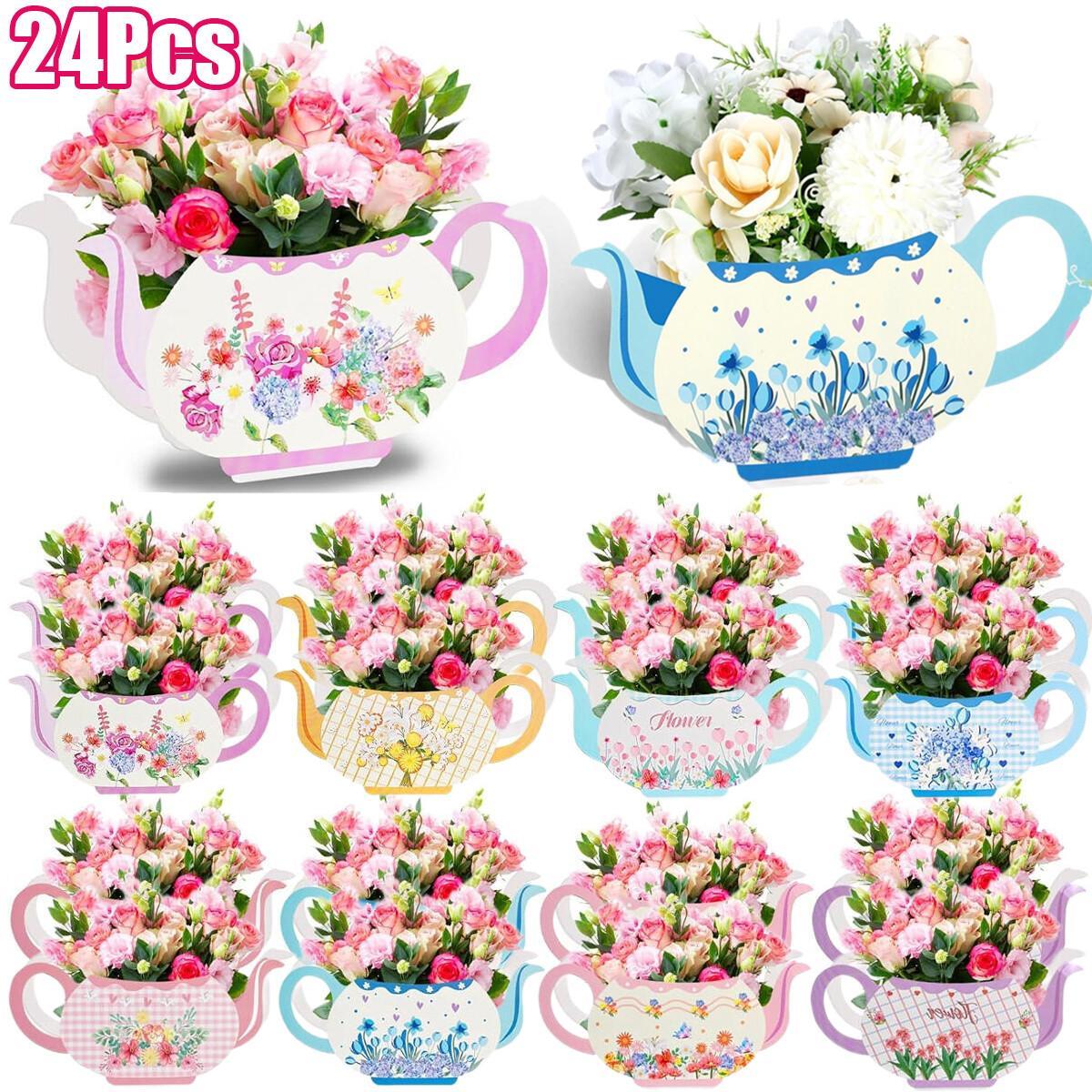 24 Pcs Tea Party Flower Box Centerpieces - Pink, Blue, Green, Yellow
