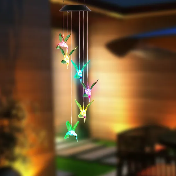 Solar Hummingbird Wind Chime String Lights - Color Changing, Waterproof Garden Decor