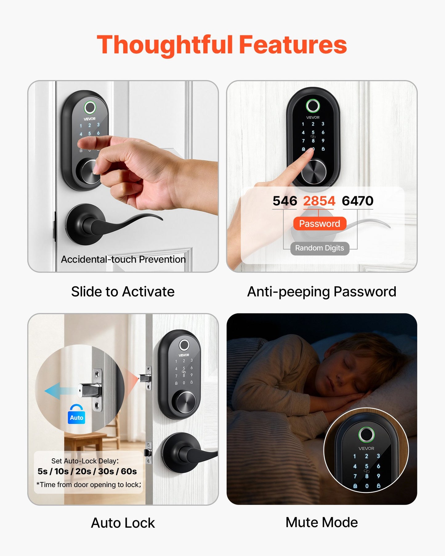 Keyless Fingerprint Door Lock Set with Handle - Touchscreen & Auto Locking, Matte Black