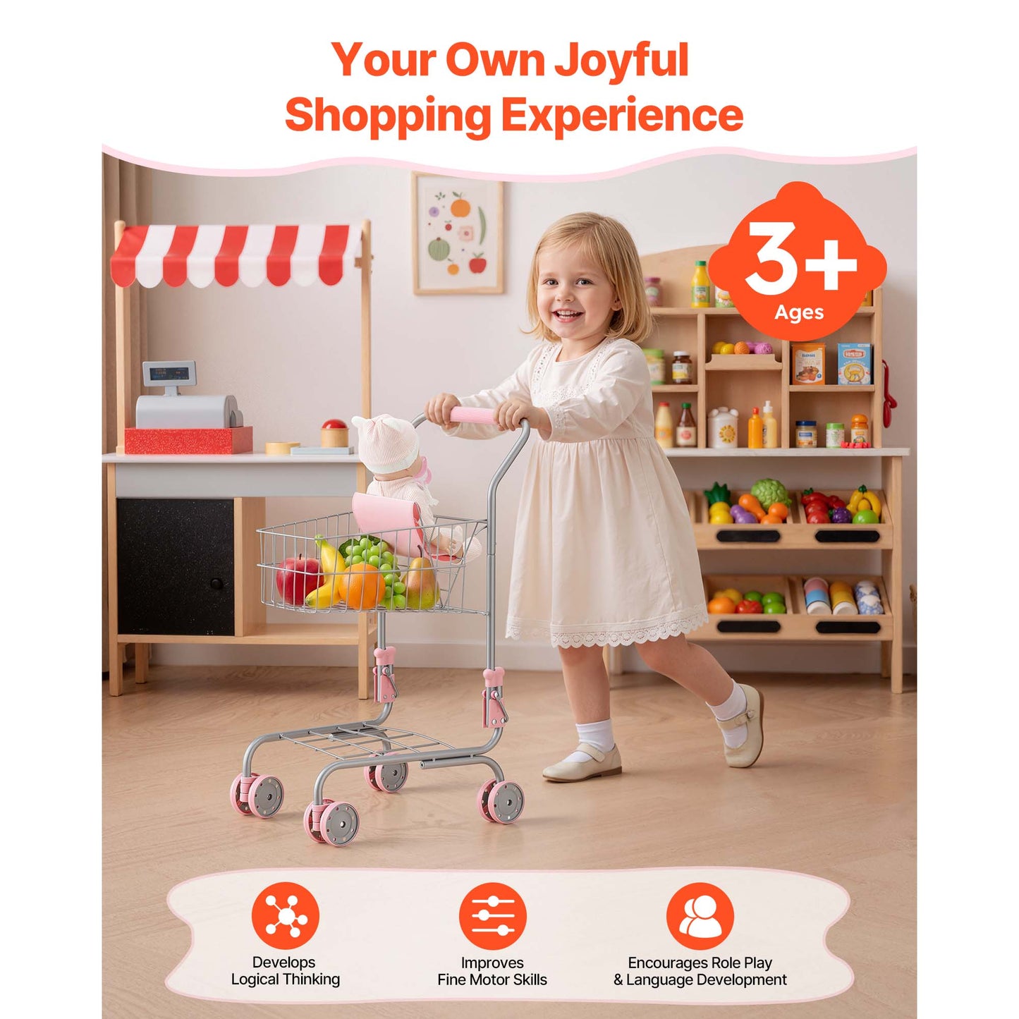 Kids Shopping Cart Toy with Rolling Wheels and Storage Basket - Pretend Play Grocery Trolley for Kids & Toddlers