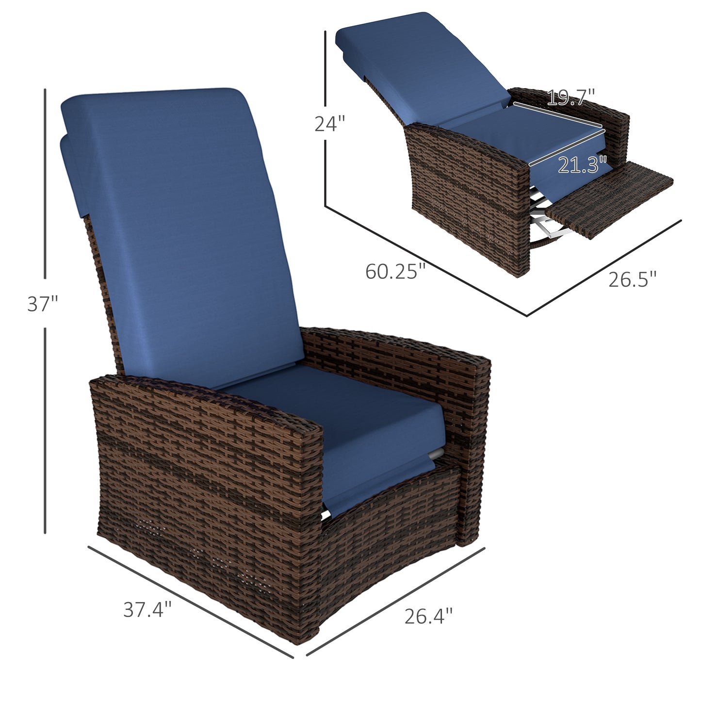 Outdoor Wicker Swivel Recliner Chair with Footrest - Dark Blue