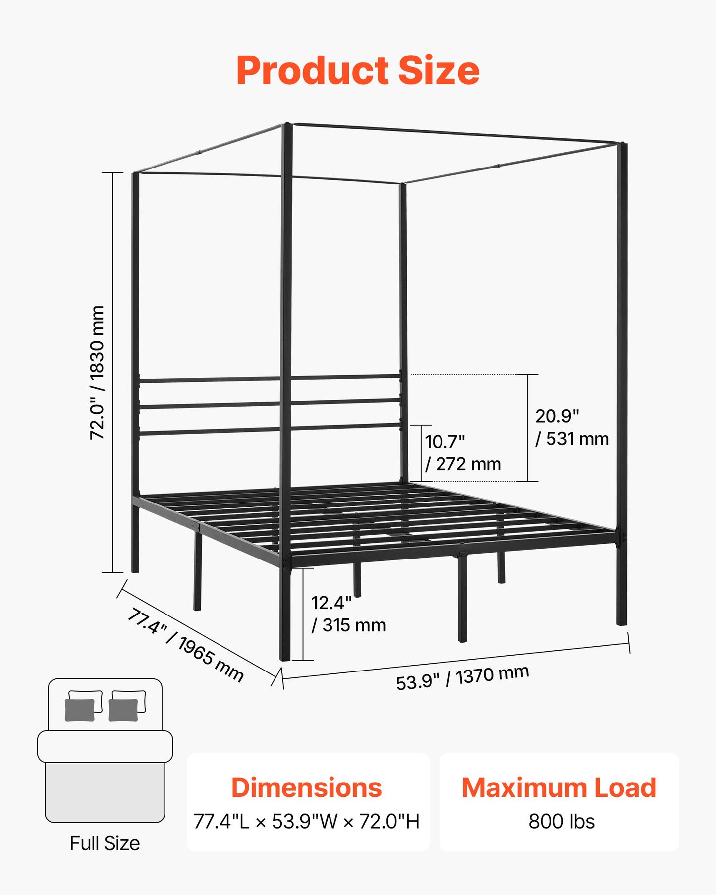 Full Size Metal Canopy Bed Frame with Four Posters, Heavy Duty Steel Slats, Underbed Storage, Easy Assembly - Black