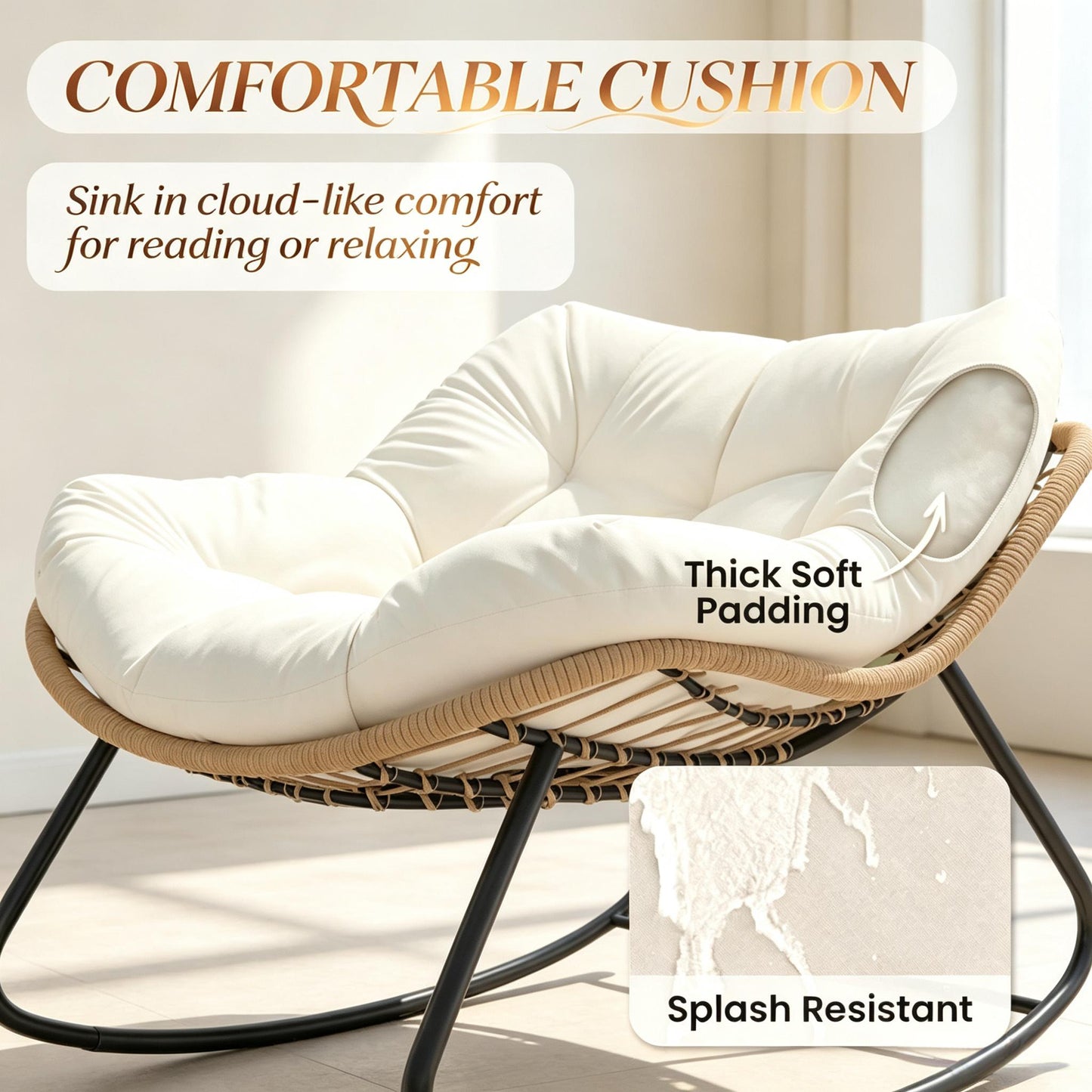Oversized Rocking Egg Chair with Cushion - Beige Outdoor Seating