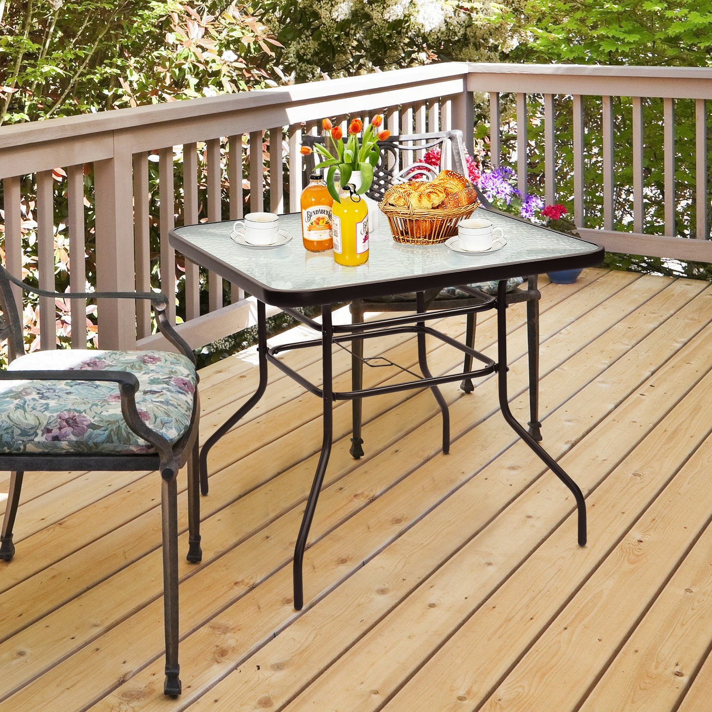 32-Inch Black Steel Square Patio Table with Tempered Glass Top