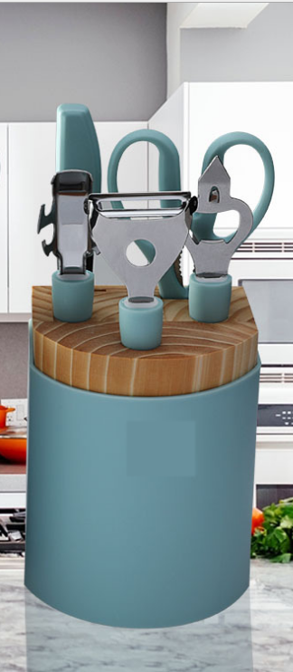 Stainless Steel Kitchen Utensil Set with Scissors Peeler Egg Beater & Tray - Multiple Colors
