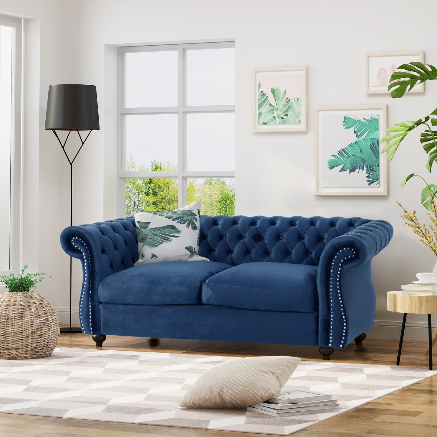 Chesterfield Loveseat Sofa - Navy Blue Velvet, 61.75" Wide