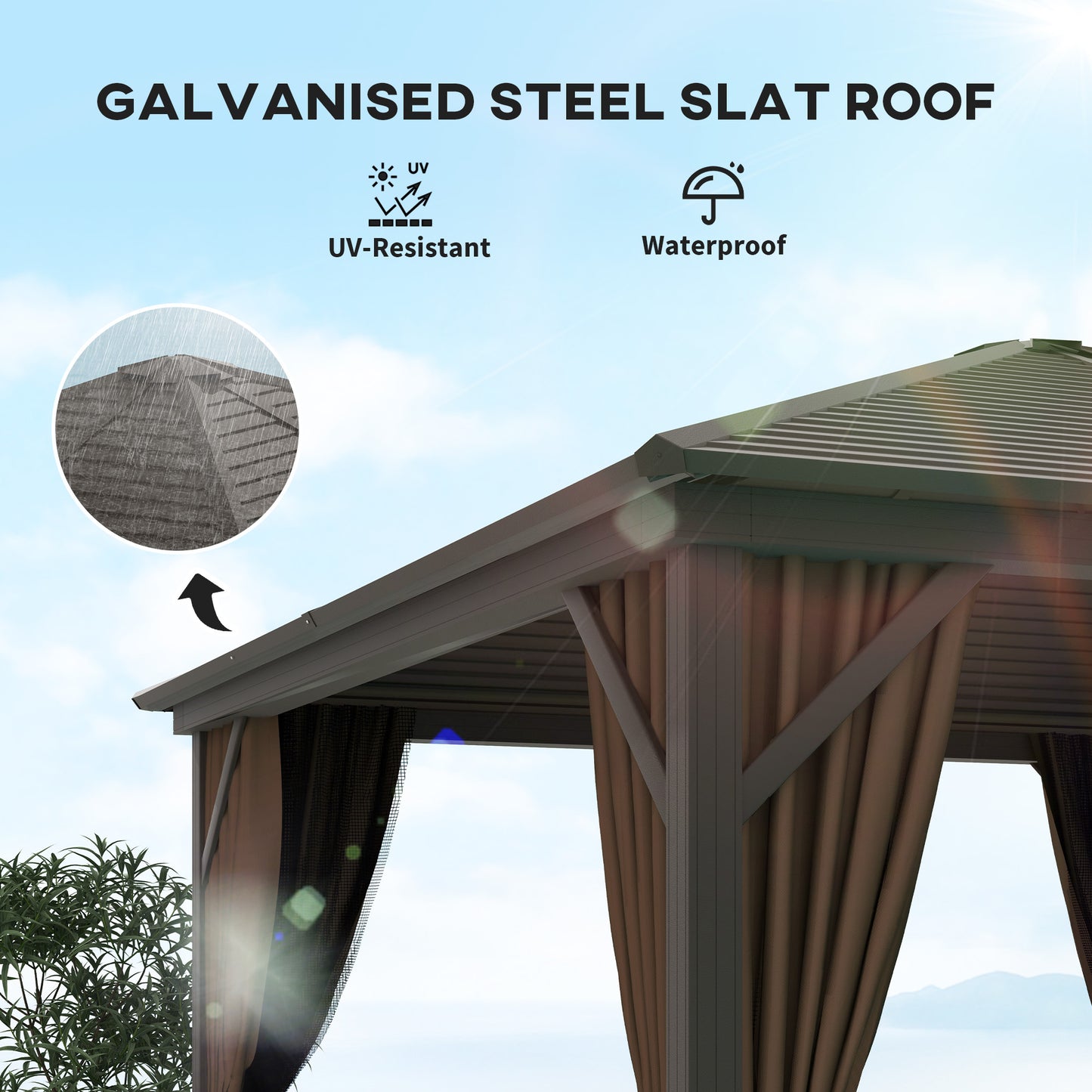 10x10 Aluminum Hardtop Gazebo Canopy with Curtains & Hook - Brown