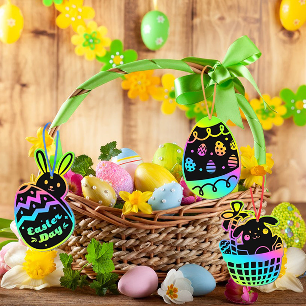 80 Pcs Easter Scratch Art Set - Paper Ornaments with Ropes & Sticks