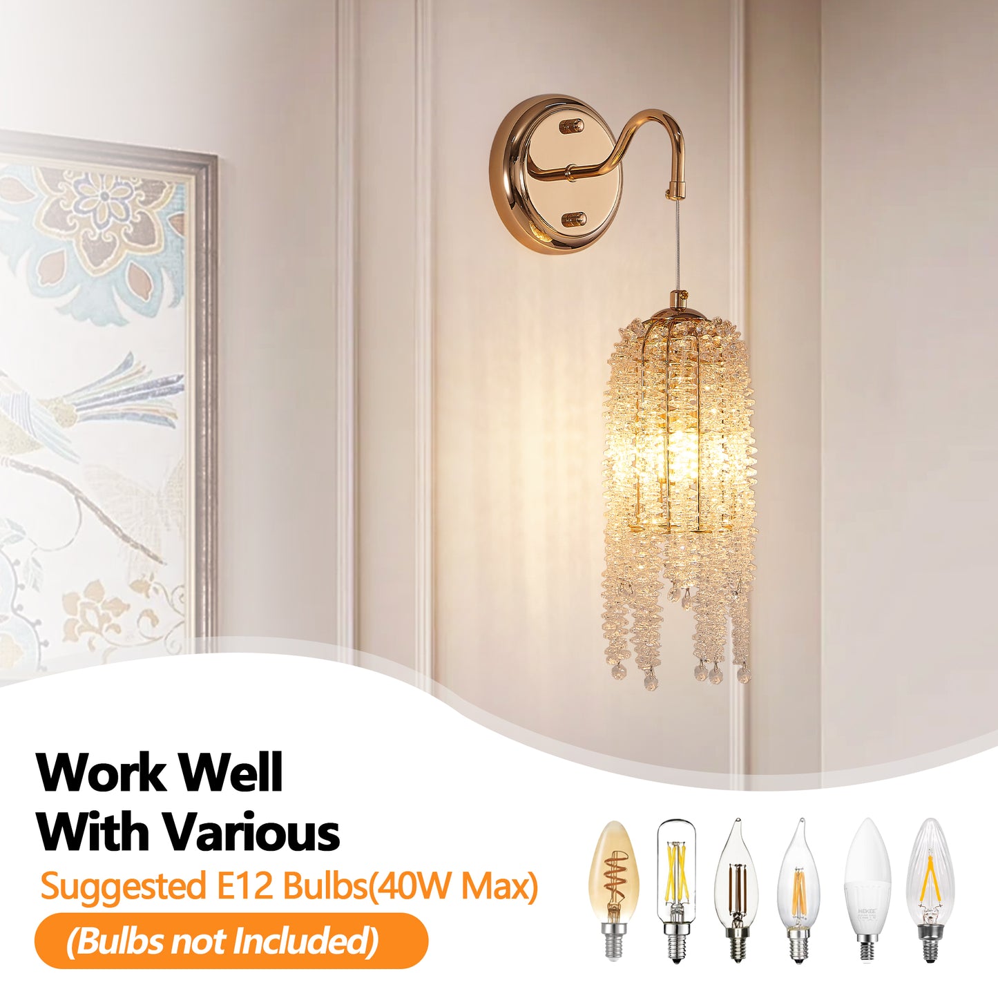 Gold Frame Crystal Bead Wall Sconces - Set of 2