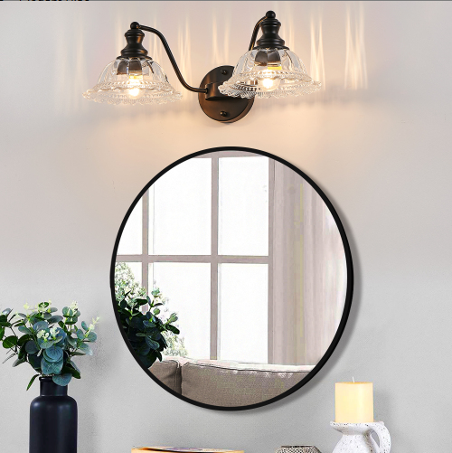 20 Inch 2-Light Vintage Bathroom Wall Sconce - Black Metal & Glass Vanity Light