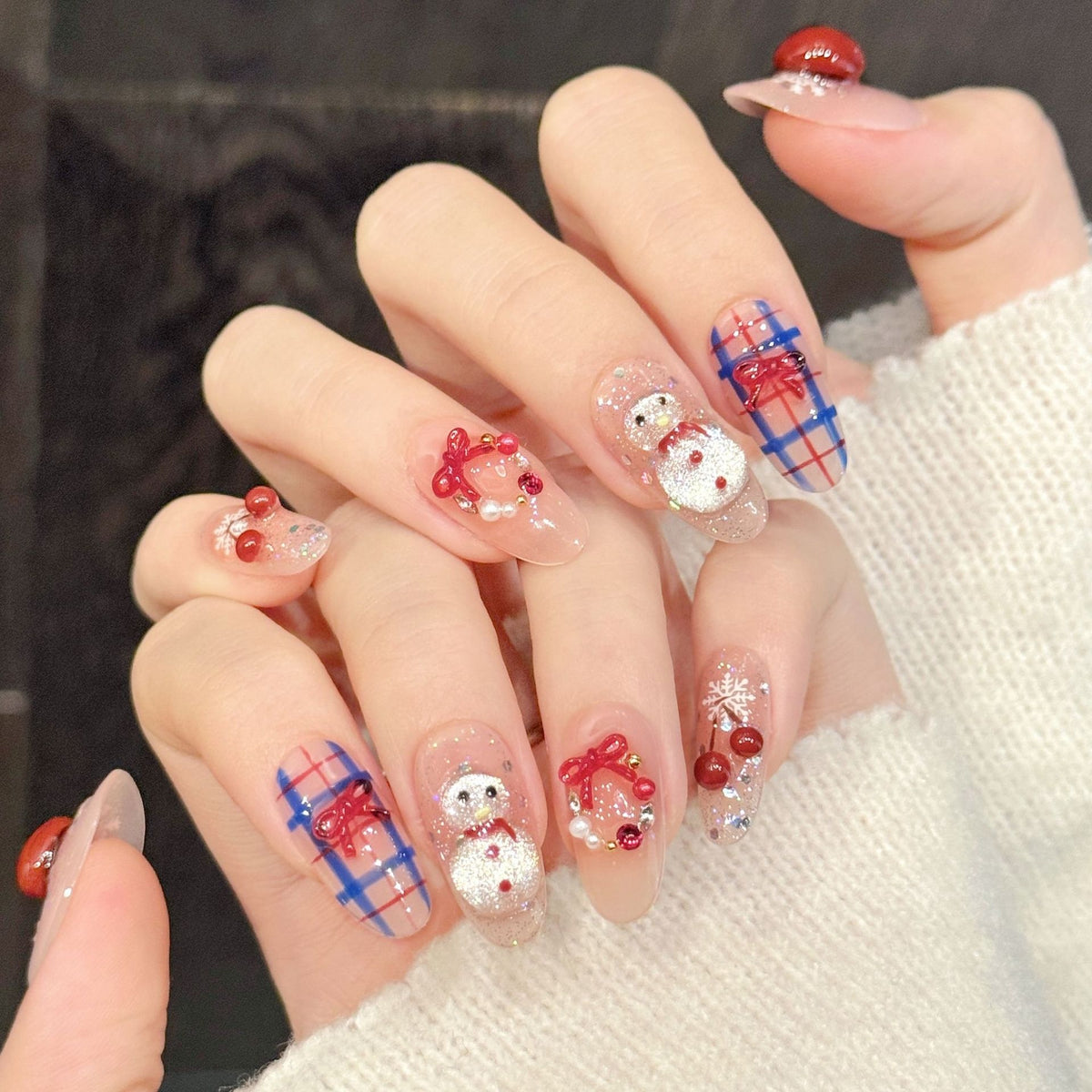 Cherry Snowman Wearable Nail Stickers with Plaid Bow Design - Short Style