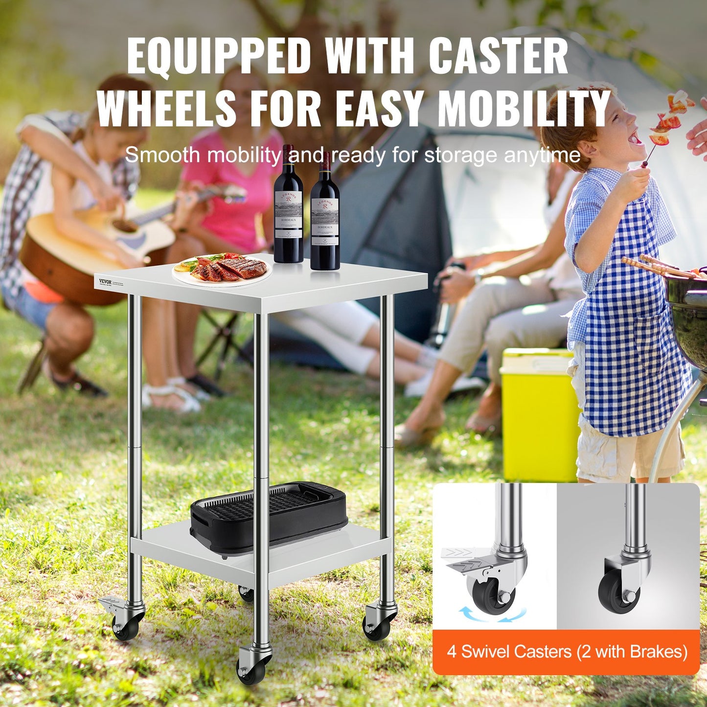 Heavy Duty Stainless Steel Work Table - 24x24x38 Inch with Wheels
