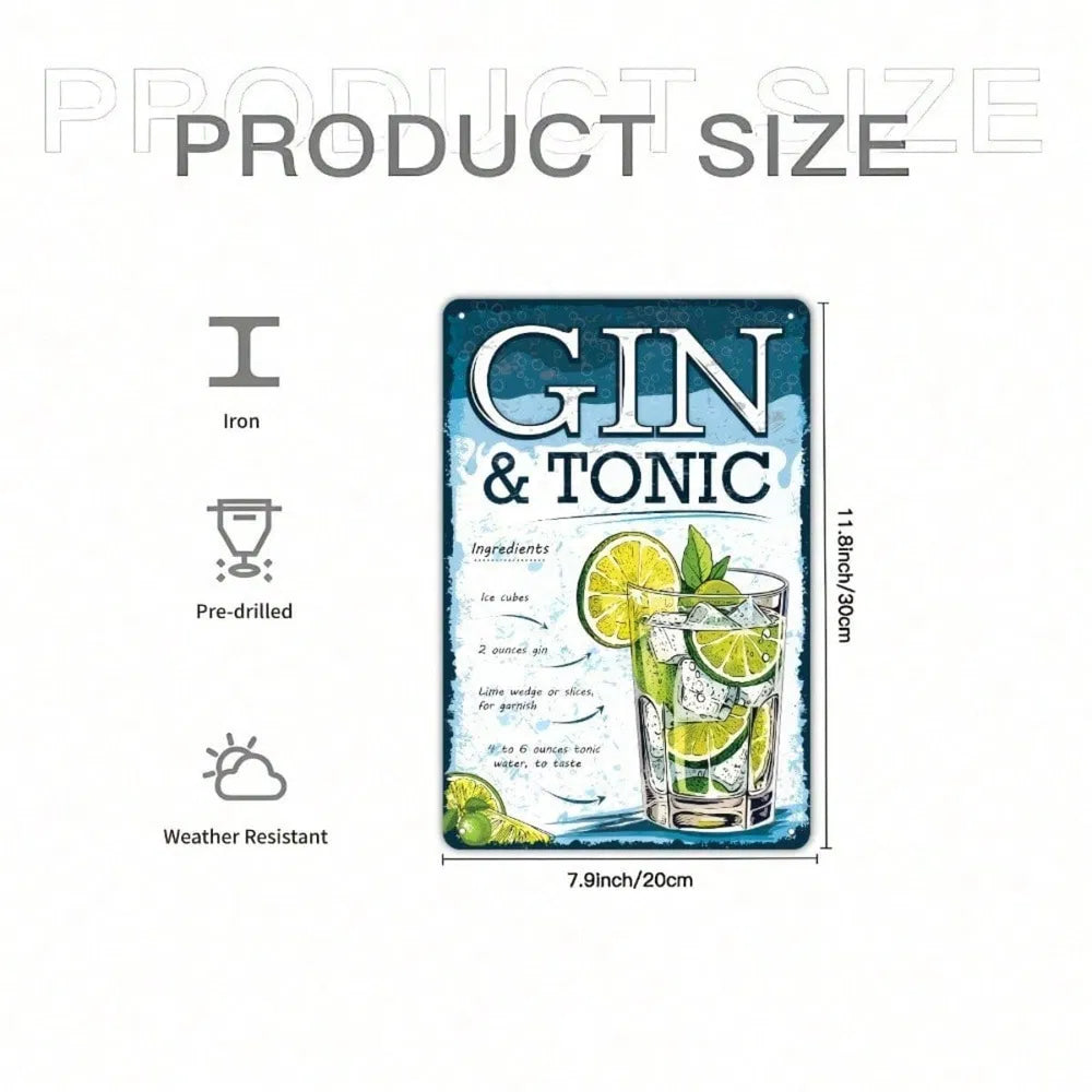 Vintage Metal Sign - Retro Gin Tonic Wall Art - 8x12in