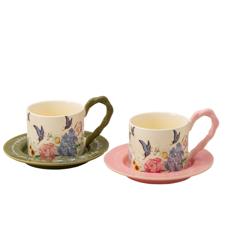 Ceramic Butterfly Coffee Cup and Saucer Gift Set - Vintage Kitchen Drinkware