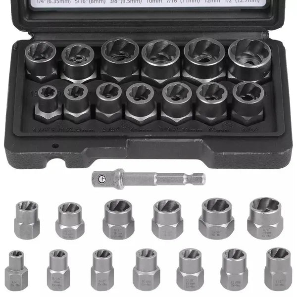 14-Piece Nut & Bolt Extractor Set for Damaged Fasteners | Hand Tool Kit