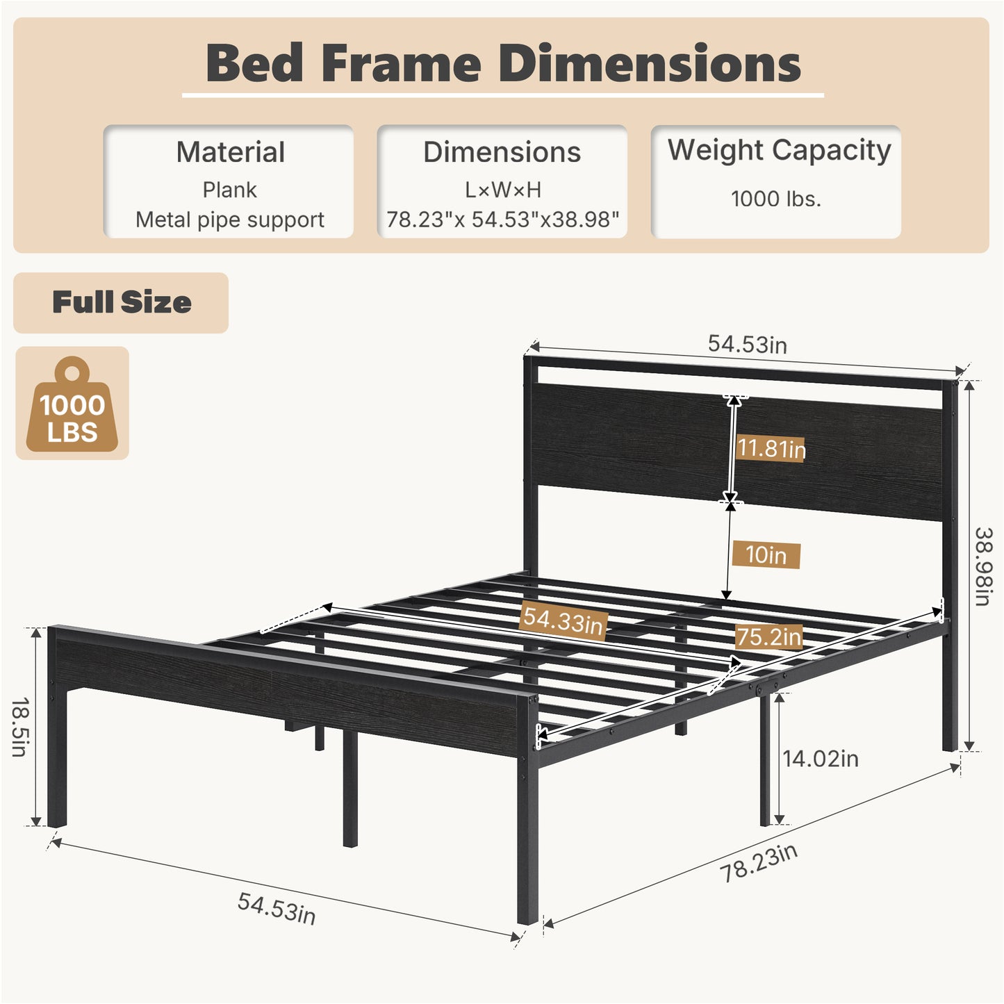 Heavy-Duty Metal Platform Bed with Wooden Headboard and Storage