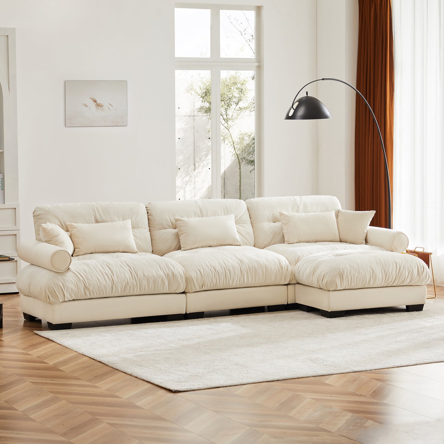 Oversized Modular Velvet Sectional Sofa with Movable Ottoman - Cream