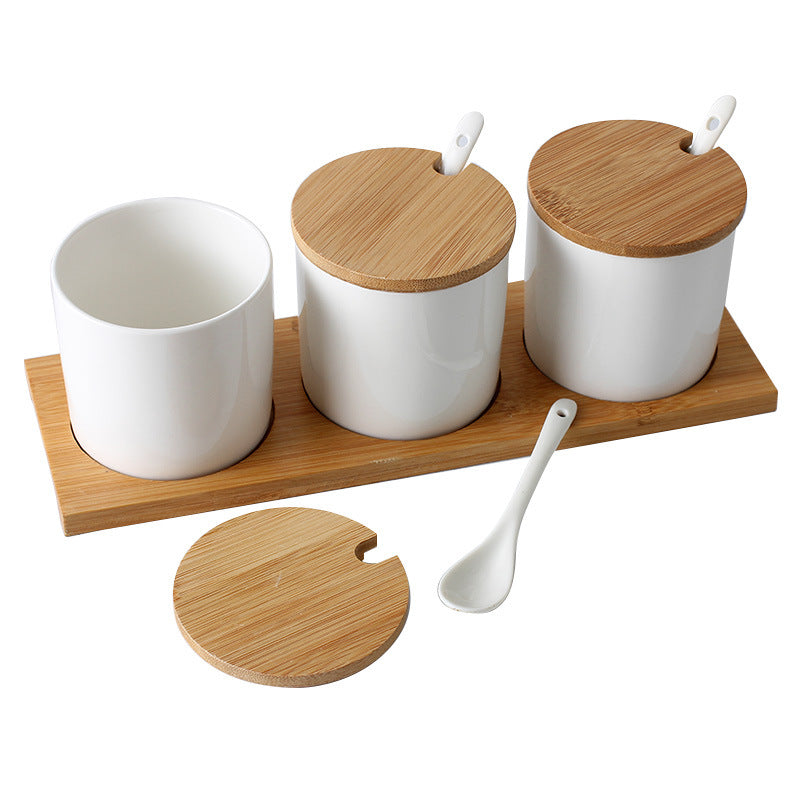 Three-Piece Ceramic Seasoning Jar Set with Lid - Kitchen & Dining