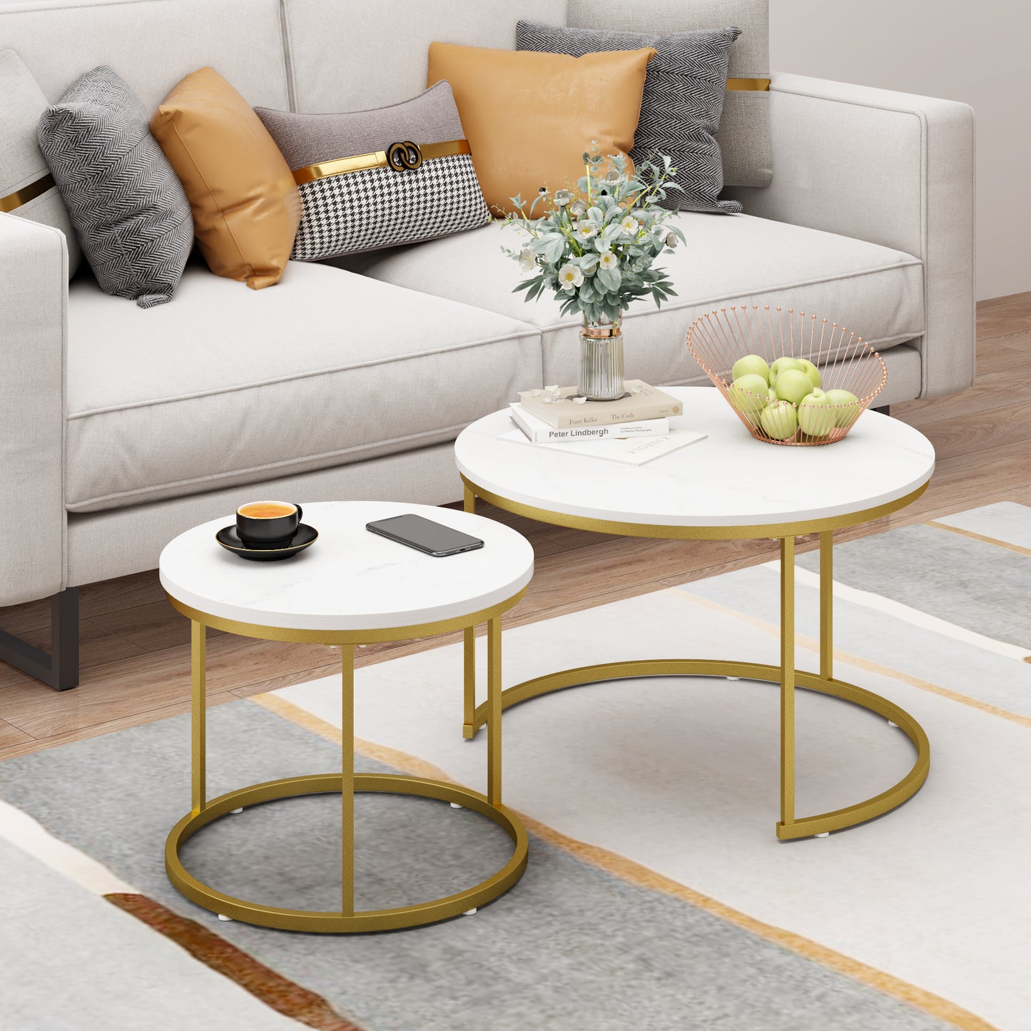 Nesting Coffee Table Set of 2 - Round Wood Marble Pattern - White+Gold