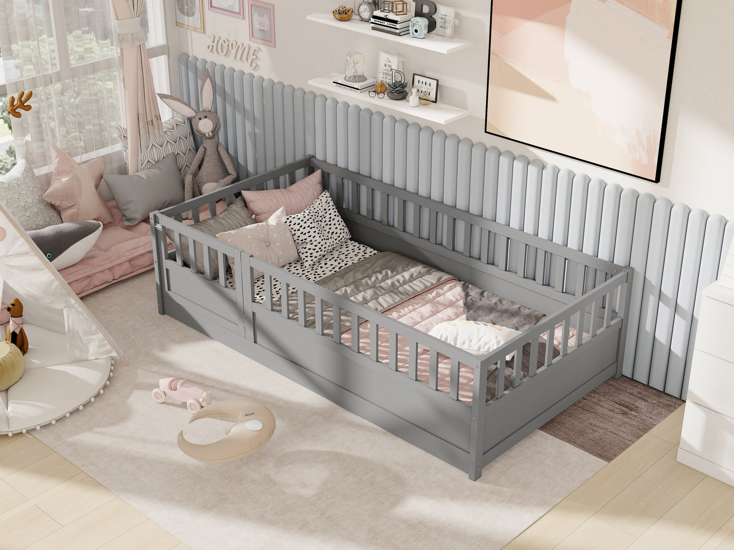 Twin Size Montessori Floor Bed Frame with High Security Barrier - Grey