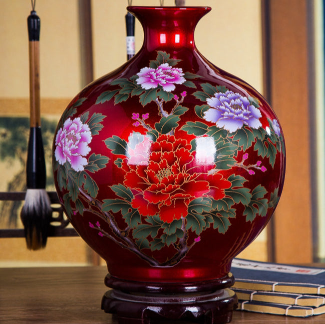 Ceramic Flowering Prosperity Peony Vase for Living Room Home Decor