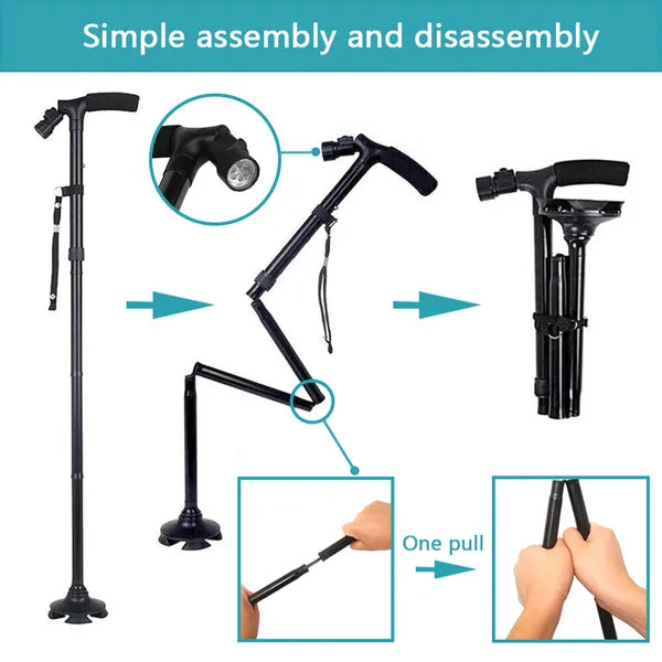 LED Folding Walking Cane with Pivoting Base - Adjustable Height