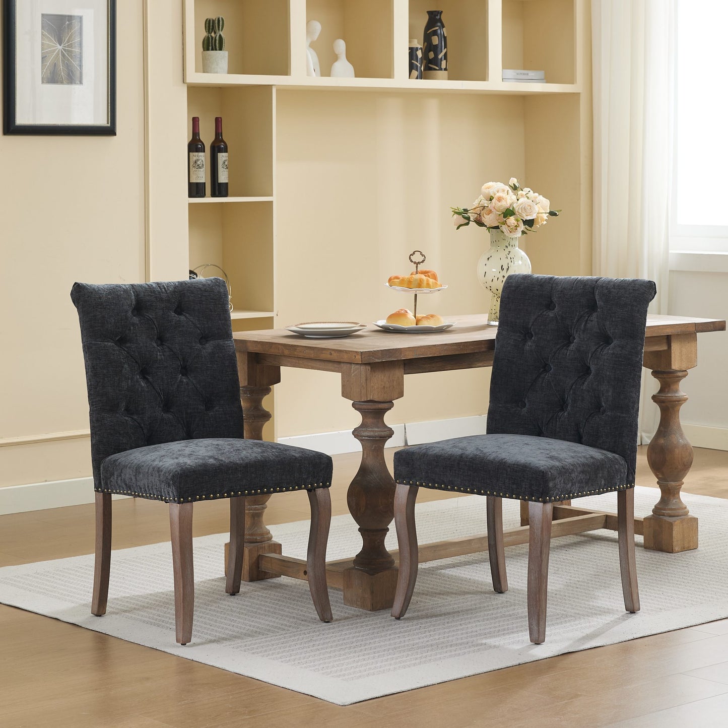 Upholstered Chenille Fabric Accent Dining Chair, Curved Solid Wood