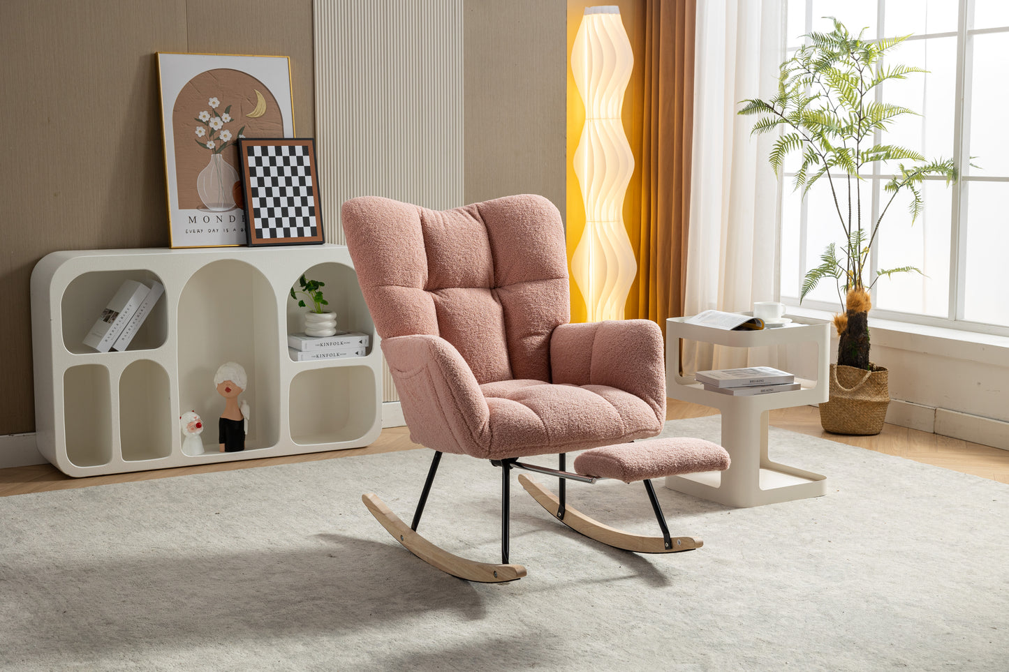 Pink Teddy Fabric Rocking Chair with Adjustable Footstool