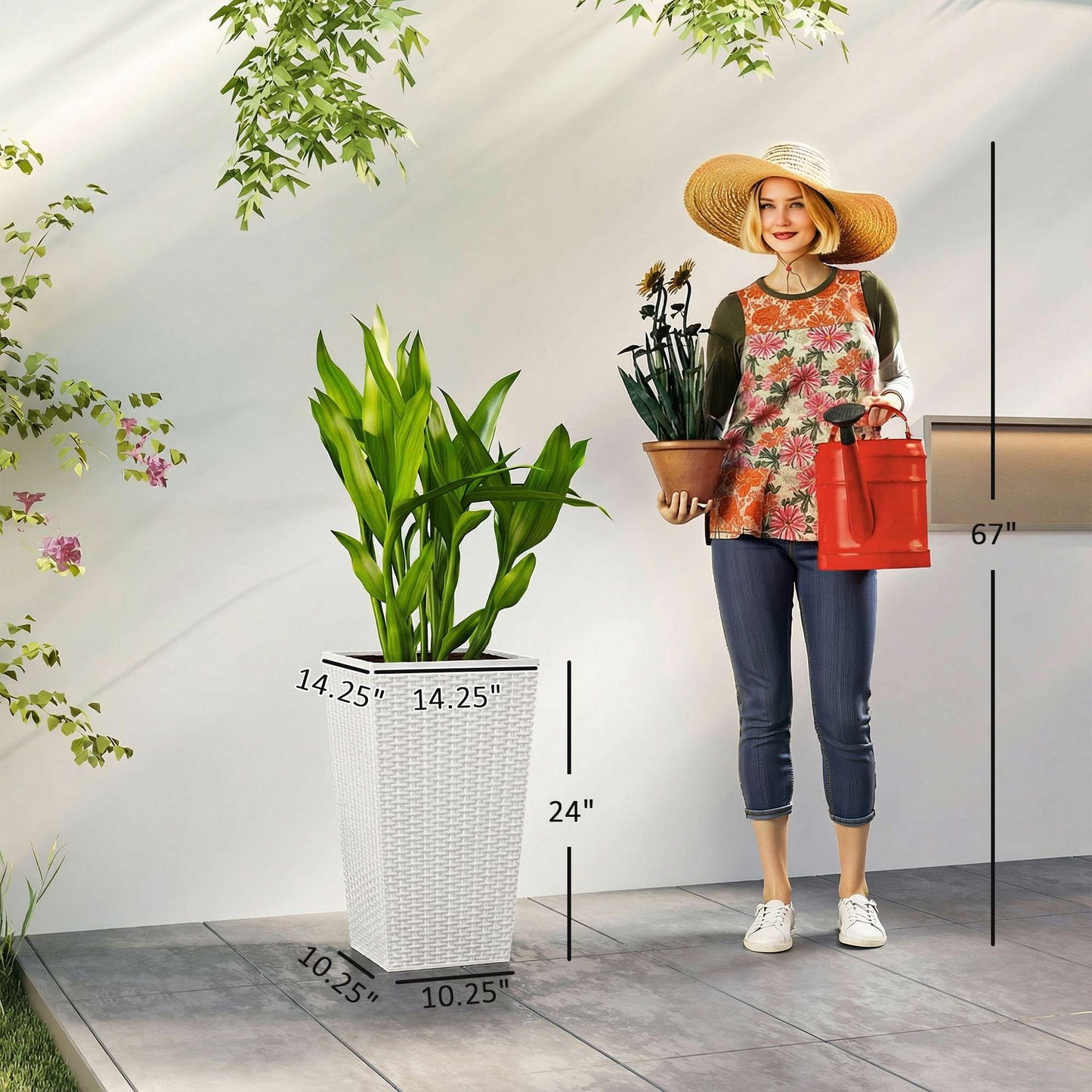 Outdoor Tall Plant Planters Set of 3 White Rattan Style Garden Pots with Drainage Holes