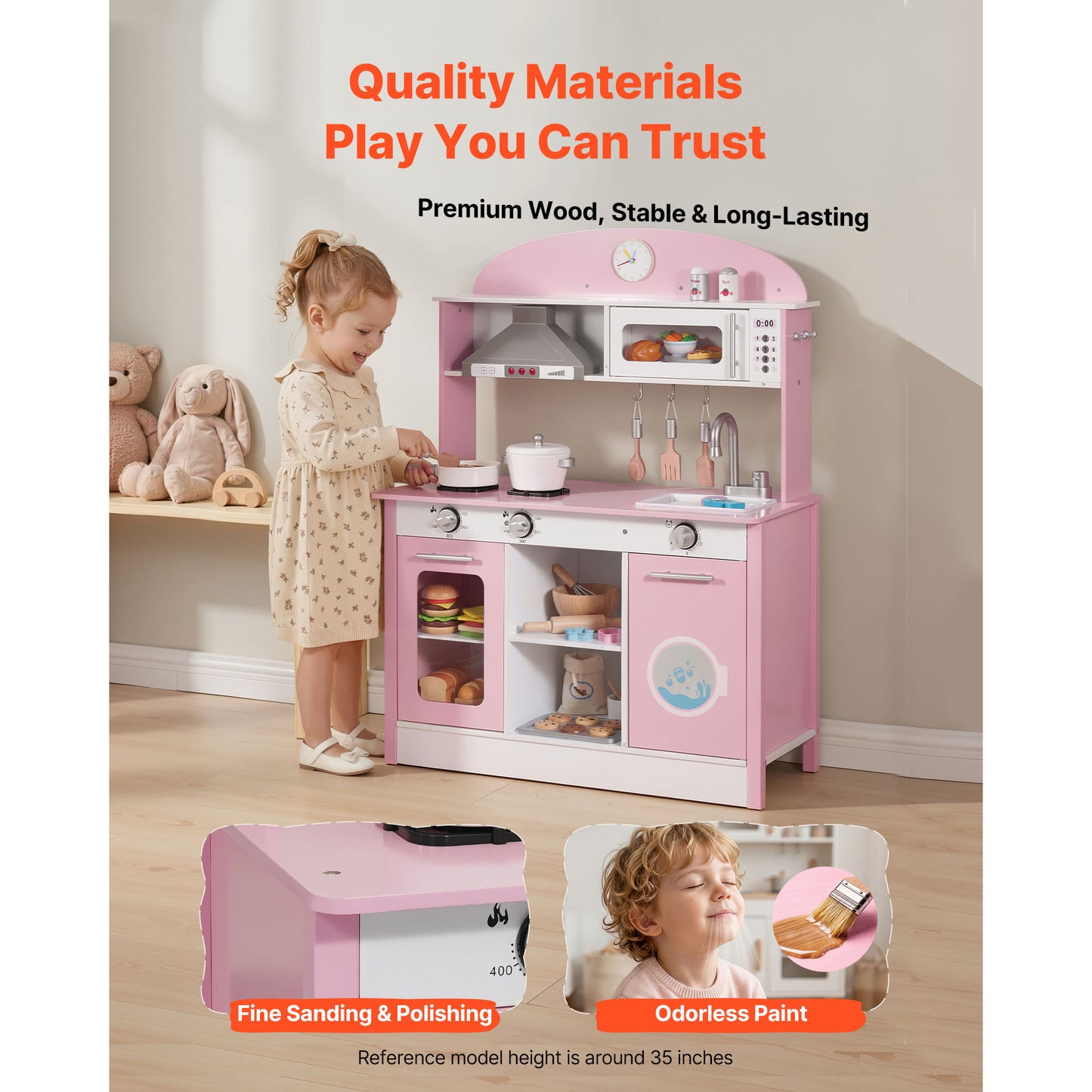 Kids Wooden Play Kitchen Set with Lights & Sounds - Pretend Cooking Toy for Ages 3-8 (Pink)
