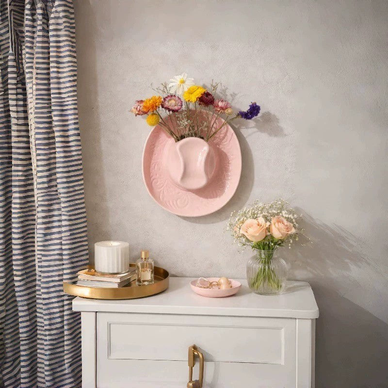 Ceramic Cowgirl Hat Hanging Vase - Home & Garden Decor, Wall Mounted