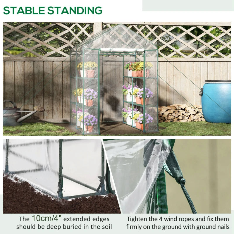 Portable Walk-In Greenhouse Kit with 3 Shelves, Roll-Up Door & Weatherproof Cover