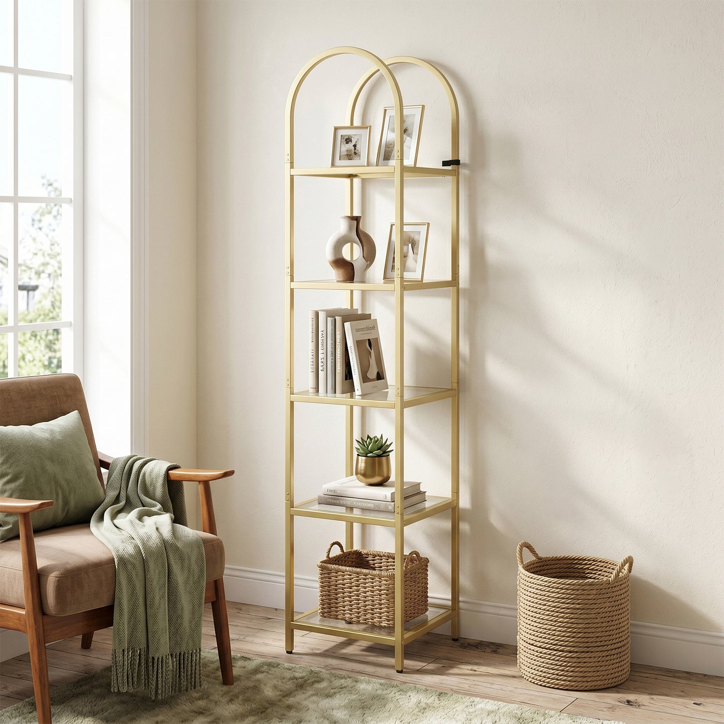 Gold 5-Tier Open Bookshelf - Modern Metal & Tempered Glass