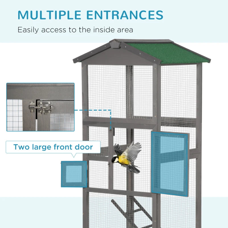 Outdoor Wooden Bird Cage for Parrots and Small Birds with Pull-Out Tray - Grey & Green