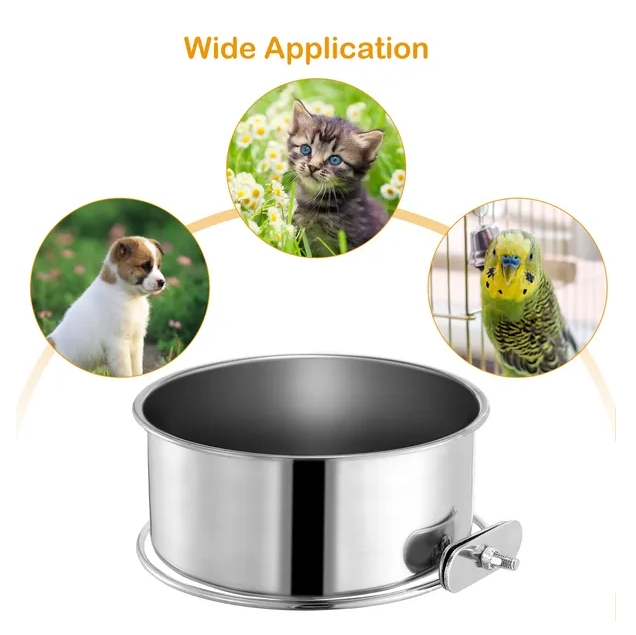 Stainless Steel Pet Food Bowl for Dogs & Cats, Detachable Cage Mount - Medium