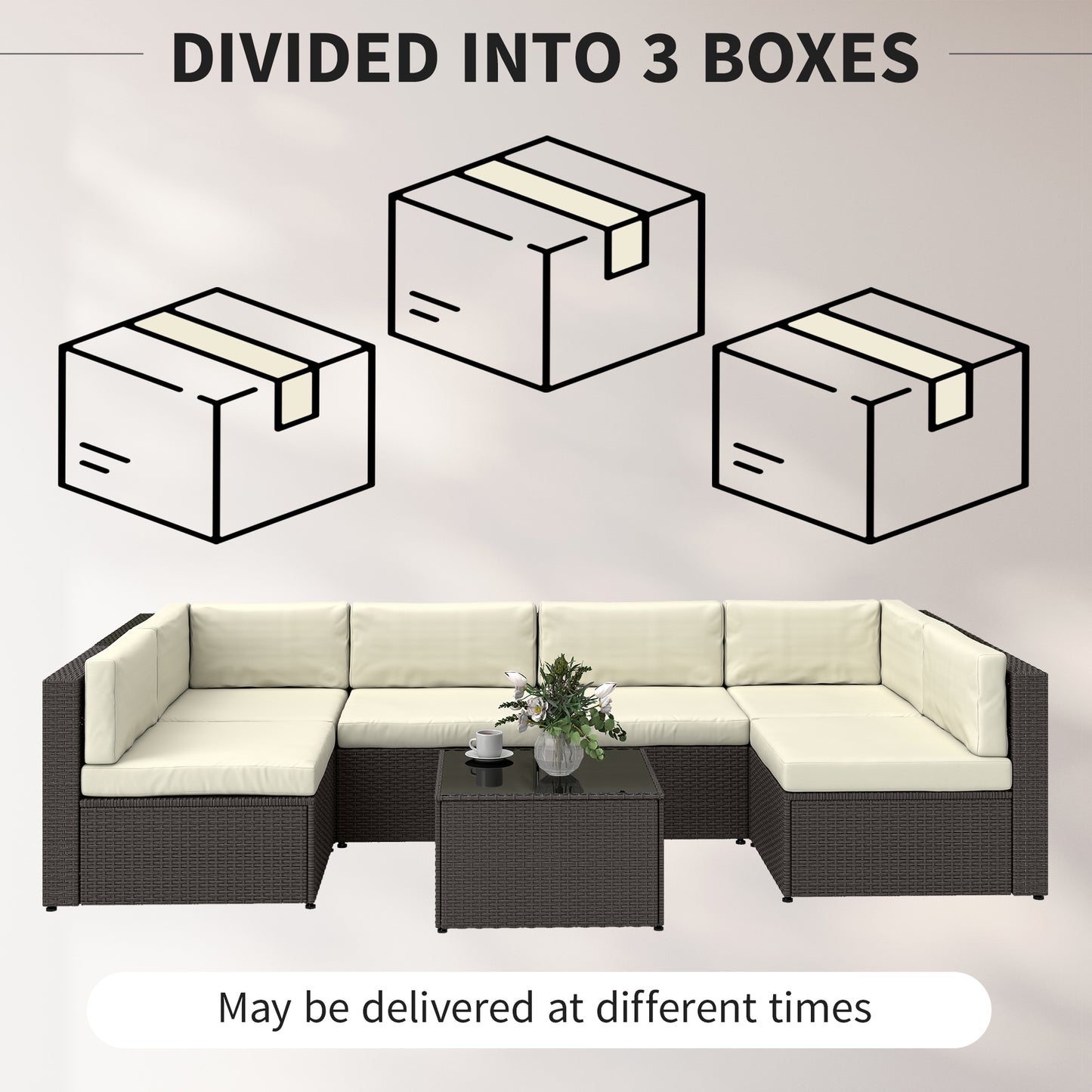 7-Piece Outdoor Rattan Sectional Sofa Set with Coffee Table - Cream White
