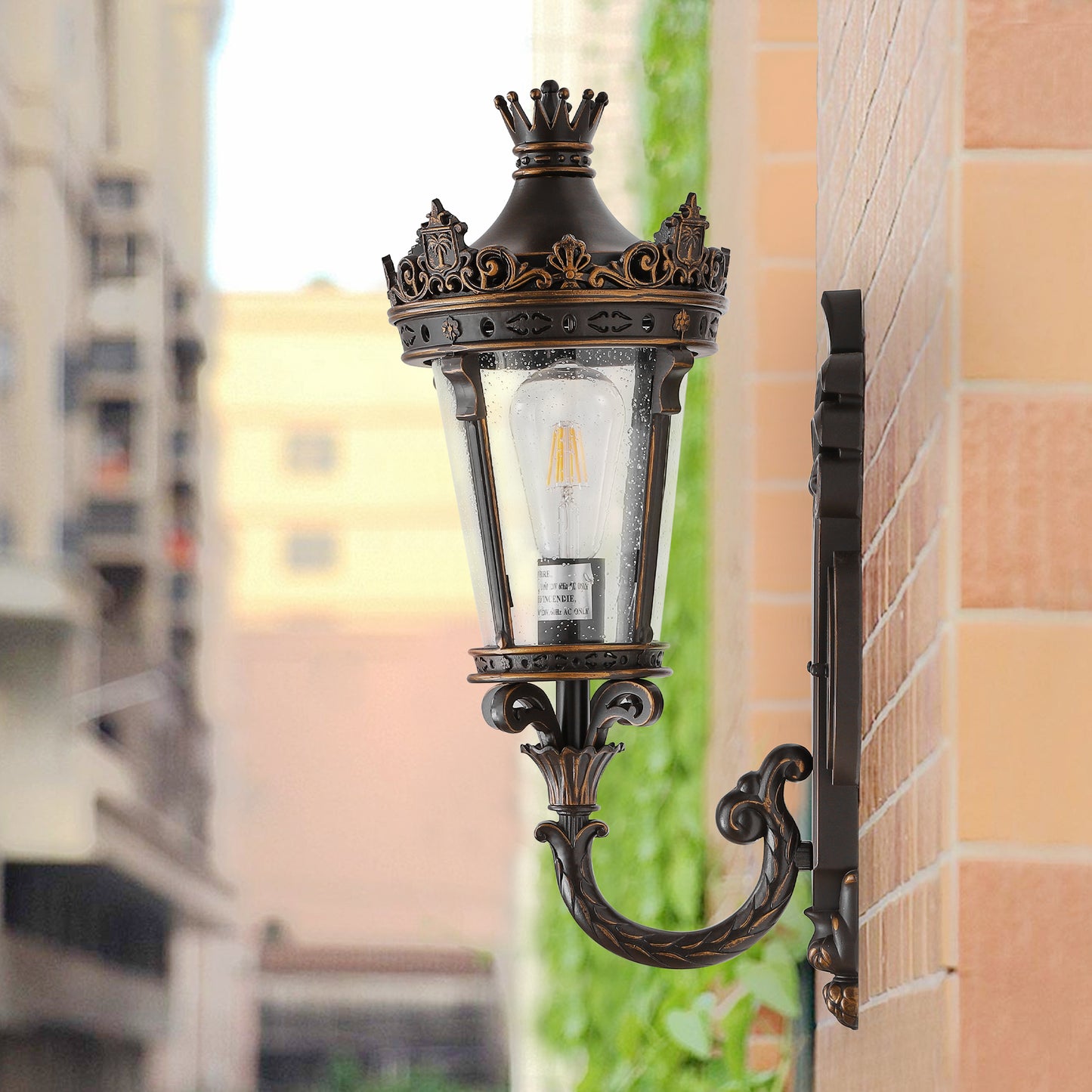 Vintage Outdoor Wall Lantern - Waterproof Exterior Sconce with Glass & Crown Top